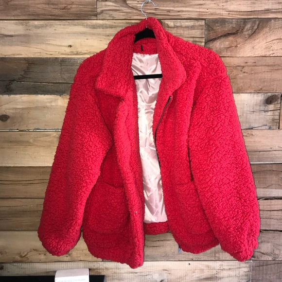 red fuzzy jacket